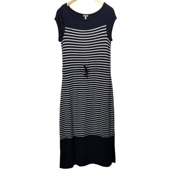 Talbots Maxi Dress Medium Short Sleeve Navy Blue White Strip Knit Tie Waist - Picture 1 of 6